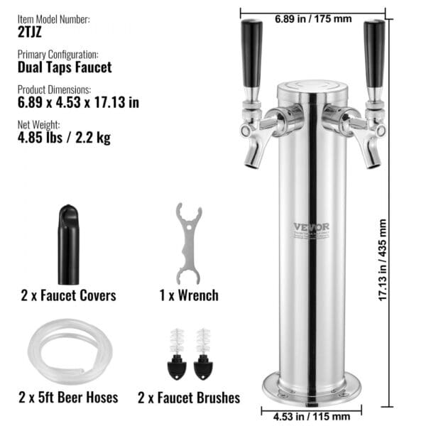 Pivná výčapná veža VEVOR s dvoma kohútikmi, pivná sudová veža z nehrdzavejúcej ocele, súprava Kegerator Tower s vopred zmontovanými hadicami a samozatváracími kohútikmi pre párty, bary, krčmy a reštaurácie atď. - Image 7