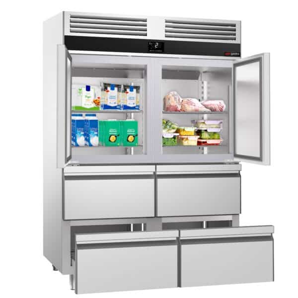 Nerezová chladnička PREMIUM - GN 2/1 - 1400 litrov - s 2 polovičnými dvierkami a 4 zásuvkami