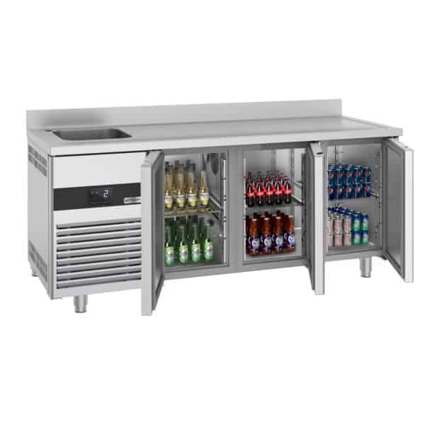 Chladiaci stôl PREMIUM - 1900x700mm - s 3 dvierkami, 1 umývadlom vľavo a podstavcom