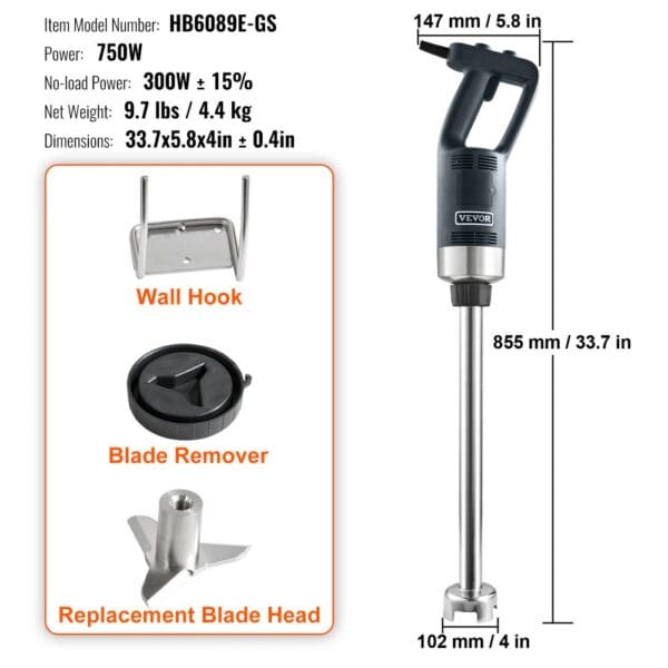VEVOR Puree Blender elektrický tyčový mixér 750 W, vysokovýkonný mixér s nastaviteľnou rýchlosťou, nerezový viacúčelový tyčový mixér 855 mm, odnímateľná miešacia tyč, vrátane nástenného háku a výmennej hlavice čepele - Image 2