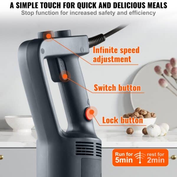 VEVOR Puree Blender elektrický tyčový mixér 750 W, vysokovýkonný mixér s nastaviteľnou rýchlosťou, nerezový viacúčelový tyčový mixér 855 mm, odnímateľná miešacia tyč, vrátane nástenného háku a výmennej hlavice čepele - Image 5