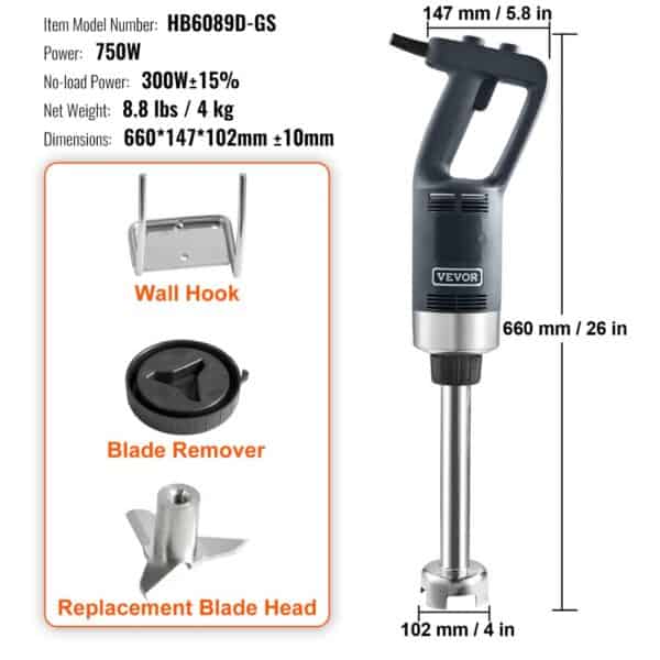 VEVOR Puree Blender elektrický tyčový mixér 750 W, vysokovýkonný mixér s nastaviteľnou rýchlosťou, nerezový viacúčelový tyčový mixér 660 mm, odnímateľná miešacia tyč, vrátane nástenného háku a výmennej hlavice čepele - Image 2