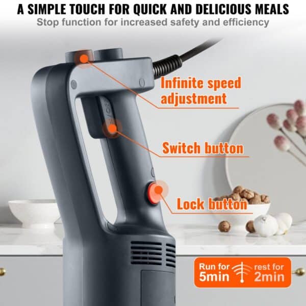 VEVOR Puree Blender elektrický tyčový mixér 750 W, vysokovýkonný mixér s nastaviteľnou rýchlosťou, nerezový viacúčelový tyčový mixér 660 mm, odnímateľná miešacia tyč, vrátane nástenného háku a výmennej hlavice čepele - Image 5
