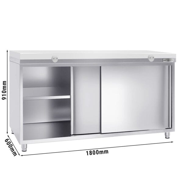 Nerezová pracovná skriňa PREMIUM - 1800x600mm - s posuvnými dverami bez podstavca vrátane reznej dosky