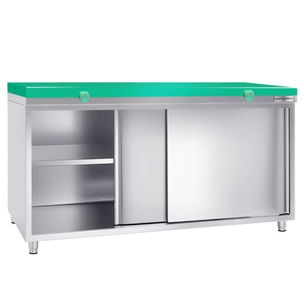 Nerezová pracovná skriňa PREMIUM - 2000x600mm - s posuvnými dverami bez podstavca vrátane reznej dosky - Image 3