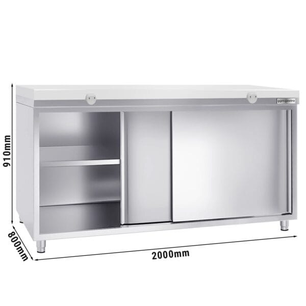 Nerezová pracovná skriňa PREMIUM - 2000x800mm - s posuvnými dverami bez podstavca vrátane reznej dosky