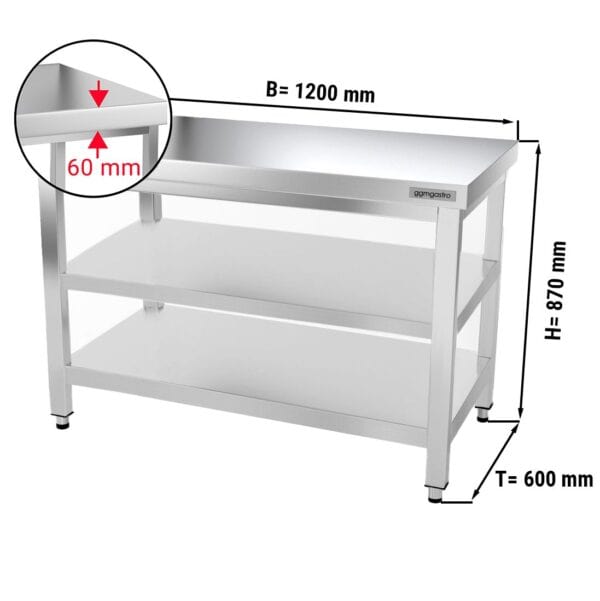 Nerezový pracovný stôl PREMIUM - 1200x600mm - so základnou policou a medzipoličkou