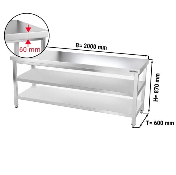 Nerezový pracovný stôl PREMIUM - 2000x600mm - so základnou policou a medzipoličkou