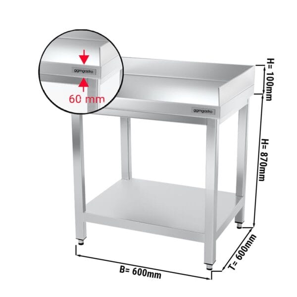 Nerezový pracovný stôl PREMIUM - 600x600mm - so základnou policou a podstavcom vzadu + vpravo