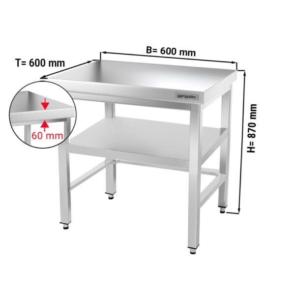 Nerezový pracovný stôl PREMIUM - 600x600mm - so základňou a vzperami