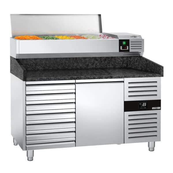 Chladiaci stôl na pizzu PREMIUM - 1500x800mm - s 1 dvierkami a 7 zásuvkami - vrátane chladiacej vitríny - 7x GN 1/4 - Image 7