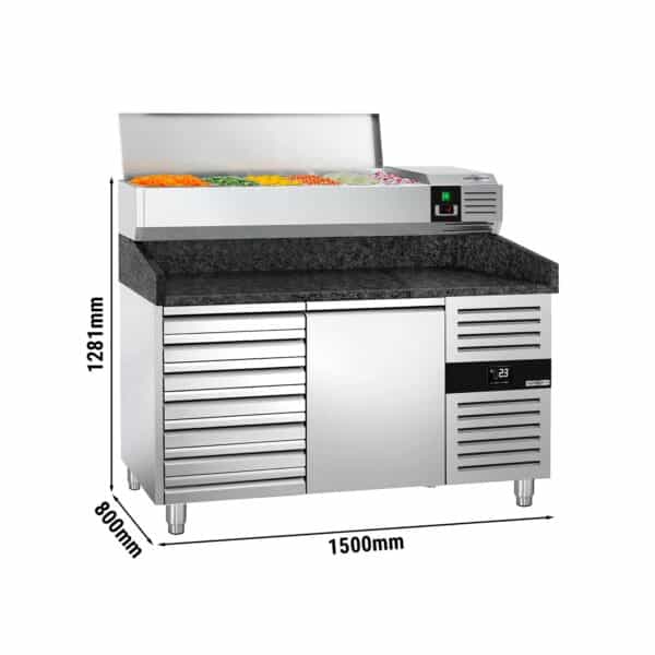 Chladiaci stôl na pizzu PREMIUM - 1500x800mm - s 1 dvierkami a 7 zásuvkami - vrátane chladiacej vitríny - 6x GN 1/3