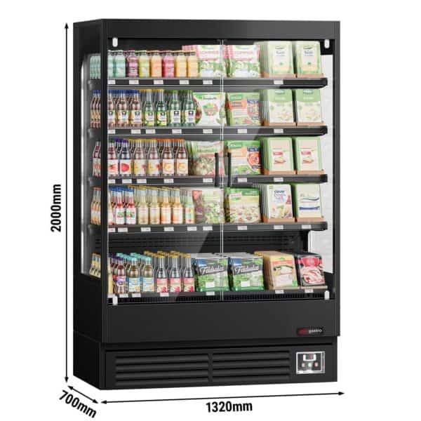 Prístenný chladiaci regál s krídlovými dverami - 1320 mm - 595L - s LED osvetlením, 2 sklenenými dverami a 4 policami