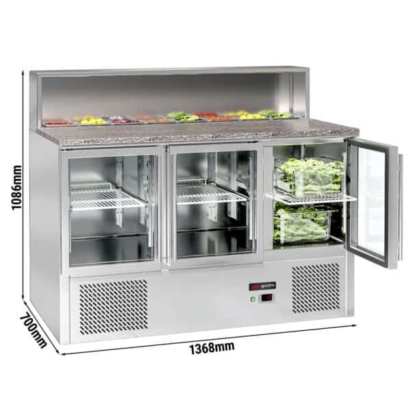 Saladety ECO - 1370 mm - 3 sklenené dvierka - s nerezovou doskou pre 8x GN 1/6