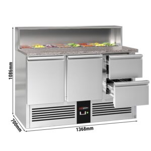 Prémiová saladety misa – 1368 mm – 2 dvierka a 2 zásuvky – s nerezovou doskou pre 8x GN 1/6
