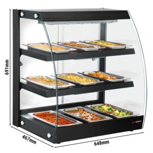 Vitrína na teplé jedlá - 650 mm - 1,16 kW - s 3 policami - čierna