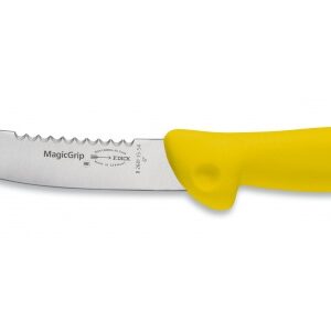 Lovecký nôž v dĺžke 15 cm a žltou farbou rukoväte