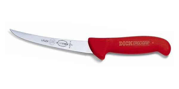 Vykosťovací nôž so zahnutou čepeľou, poloohybný, červený v dĺžke 13 cm