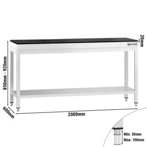 Pracovný stôl z nehrdzavejúcej ocele PREMIUM - 2000x600 mm - so základnou policou - vrátane žulovej pracovnej dosky