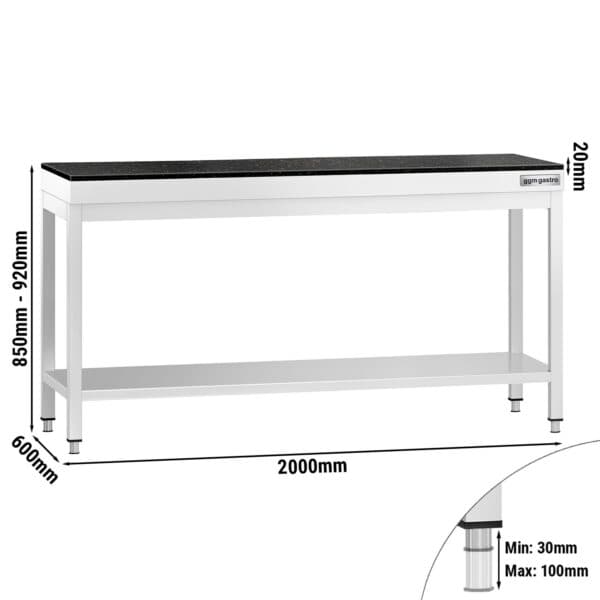 Pracovný stôl z nehrdzavejúcej ocele PREMIUM - 2000x600 mm - so základnou policou - vrátane žulovej pracovnej dosky