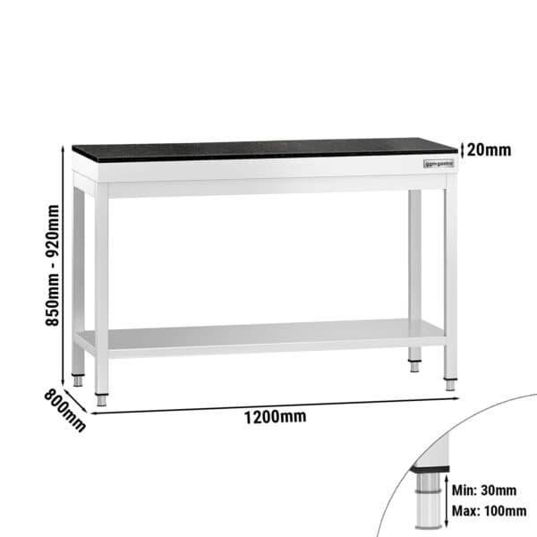 Pracovný stôl z nehrdzavejúcej ocele PREMIUM - 1200x800 mm - so základnou policou - vrátane žulovej pracovnej dosky