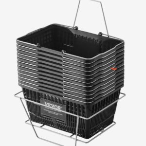 Nákupný košík sada 12 kusov, 21l odolný plastový nákupný košík s kovovou rukoväťou a stojanom, 42 x 30 x 21 cm, prenosný nákupný košík do maloobchodných predajní a supermarketov