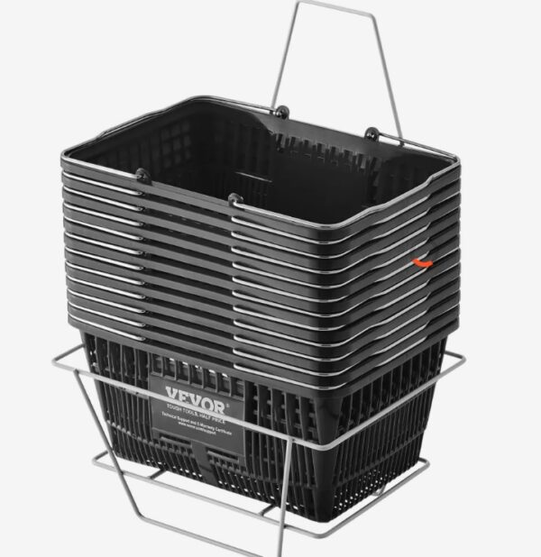 Nákupný košík sada 12 kusov, 21l odolný plastový nákupný košík s kovovou rukoväťou a stojanom, 42 x 30 x 21 cm, prenosný nákupný košík do maloobchodných predajní a supermarketov