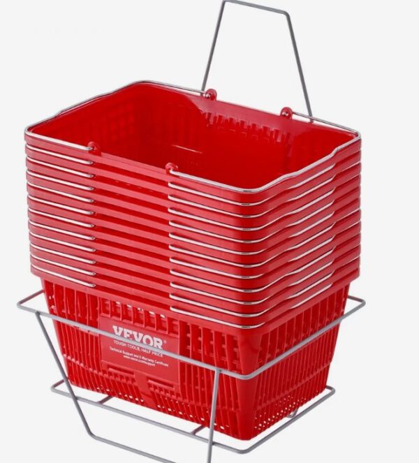 Nákupný košík sada 12 kusov, 21 l odolný plastový nákupný košík s kovovou rukoväťou a stojanom, 42 x 30 x 21 cm, prenosný nákupný košík na nákupy potravín v maloobchode, supermarkete