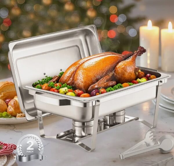 Chafing n(7,5 l), 2 kusy s 2 panvicami plnej veľkosti, obdĺžnikový ohrievač na catering s vekom a držiakom paliva, na svadby, večierky, bankety, strieborný