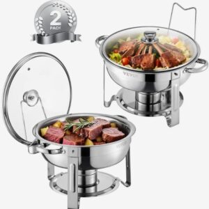 Chafing s 2 plnohodnotnými nádobami (každá 4,7 l), okrúhly cateringový ohrievač so skleneným vekom a miskou na vodu a skladacím stojanom, na bufetové párty, strieborný