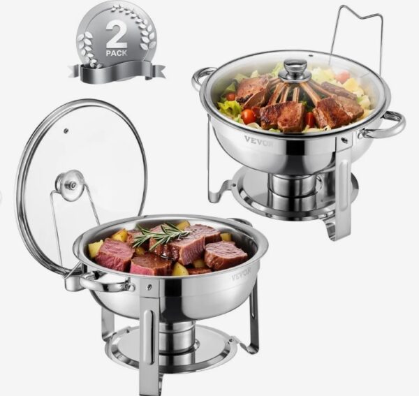 Chafing s 2 plnohodnotnými nádobami (každá 4,7 l), okrúhly cateringový ohrievač so skleneným vekom a miskou na vodu a skladacím stojanom, na bufetové párty, strieborný