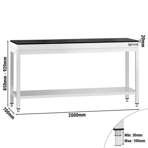 Prémiový pracovný stôl z nehrdzavejúcej ocele - 2000x700 mm - so základnou policou - vrátane žulovej pracovnej dosky