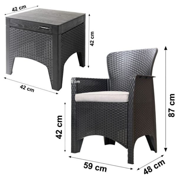 Záhradný nábytok na terasu/balkón, 2 kreslá + stôl, čierny – Obrázok 2