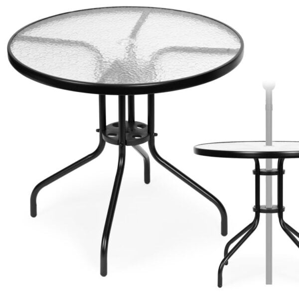 Okrúhly záhradný stôl 80 cm na terasu, záhradu, balkón, tvrdené sklo, otvor na slnečník, MultiGarden – Obrázok 2