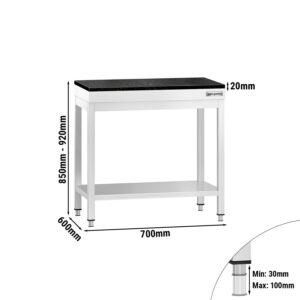 Pracovný stôl z nehrdzavejúcej ocele PREMIUM - 700x600 mm - so základnou policou - vrátane žulovej pracovnej dosky