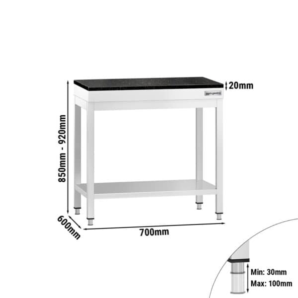 Pracovný stôl z nehrdzavejúcej ocele PREMIUM - 700x600 mm - so základnou policou - vrátane žulovej pracovnej dosky