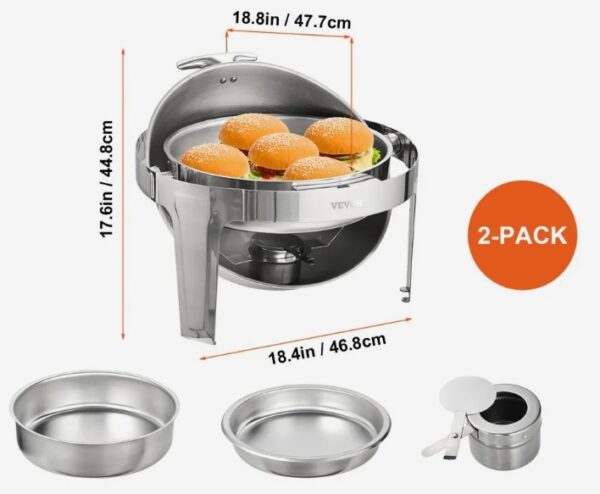 Chafing 2-dielna sada ohrievačov jedla s rolovacím vekom 5,5 l x 2, okrúhla sada ohrievačov jedla z nehrdzavejúcej ocele vrátane držiaka na palivo a klieští, pre reštaurácie, bufety, školy atď. – Obrázok 5