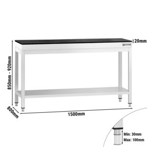 Pracovný stôl z nehrdzavejúcej ocele PREMIUM - 1500x800 mm - so základnou policou - vrátane žulovej pracovnej dosky