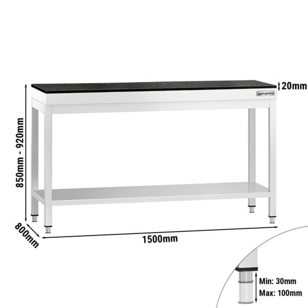 Pracovný stôl z nehrdzavejúcej ocele PREMIUM - 1500x800 mm - so základnou policou - vrátane žulovej pracovnej dosky