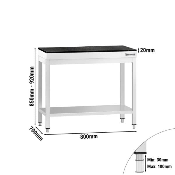Pracovný stôl z nehrdzavejúcej ocele PREMIUM - 800x700 mm - so základnou policou - vrátane žulovej pracovnej dosky