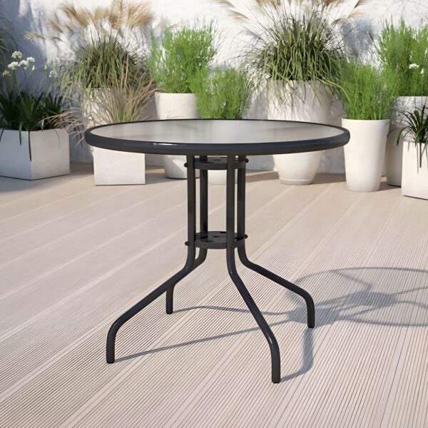 Okrúhly záhradný stôl 80 cm na terasu, záhradu, balkón, tvrdené sklo, otvor na slnečník, MultiGarden – Obrázok 7