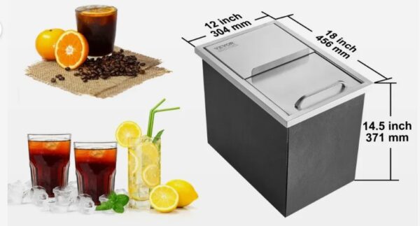Nádoba na ľad 26,7 l nerezový chladič ľadu s rozmermi 456 x 304 x 371 mm, komerčná nádoba na ľad s posuvným vekom, vstavaná nádoba na ľad, odtoková rúra a odtoková zátka sú súčasťou balenia – Obrázok 2