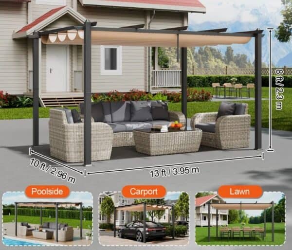 Pergola  2,96 x 3,95 x 2,3 m, altánok so strechou proti slnku, záhradný altánok s triedou ochrany UV50+, strieška nad terasovým altánkom, záhradný stan na terasy, záhrady, verandy, dvory (béžová) – Obrázok 4