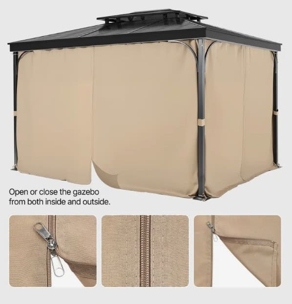 Závesy na altánok 2810x3730x2130 mm, 4-panelové bočné závesy na súkromie so zipsami, slnečné závesy ako náhrada za terasový prístrešok, IBA závesy, khaki – Obrázok 4