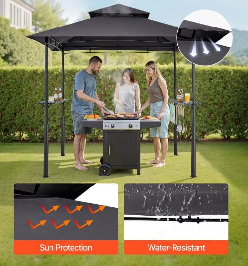 Altánok BBQ, 2430x1500x500 mm, grilovacia strieška na vonkajší gril, 2-úrovňová strieška na altánok BBQ, záhradný altánok s dvojitou strechou a vystuženými podpornými nohami, na terasu, dvor a záhradu – Obrázok 4