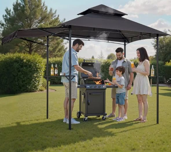 Altánok BBQ, 2430x1500x500 mm, grilovacia strieška na vonkajší gril, 2-úrovňová strieška na altánok BBQ, záhradný altánok s dvojitou strechou a prídavnou markízou, na terasu, dvor a záhradu – Obrázok 3