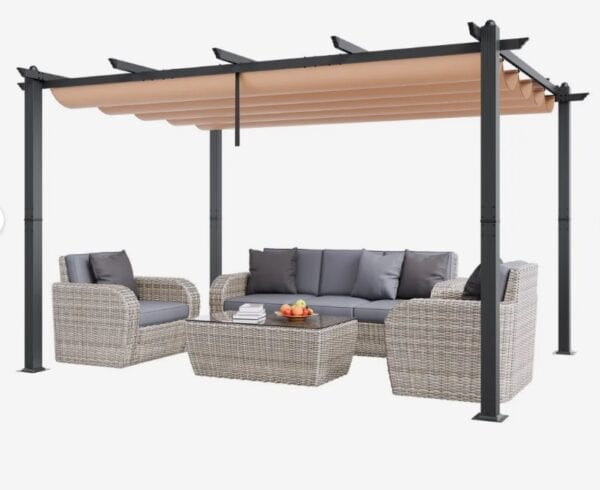 Pergola  2,96 x 3,95 x 2,3 m, altánok so strechou proti slnku, záhradný altánok s triedou ochrany UV50+, strieška nad terasovým altánkom, záhradný stan na terasy, záhrady, verandy, dvory (béžová)