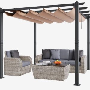 2,97x2,97m Výsuvná vonkajšia pergola s strieškou, hliníková pergola s výsuvnou strieškou, moderná pergola so slnečnou strechou na terasy, záhrady, verandy (béžová)