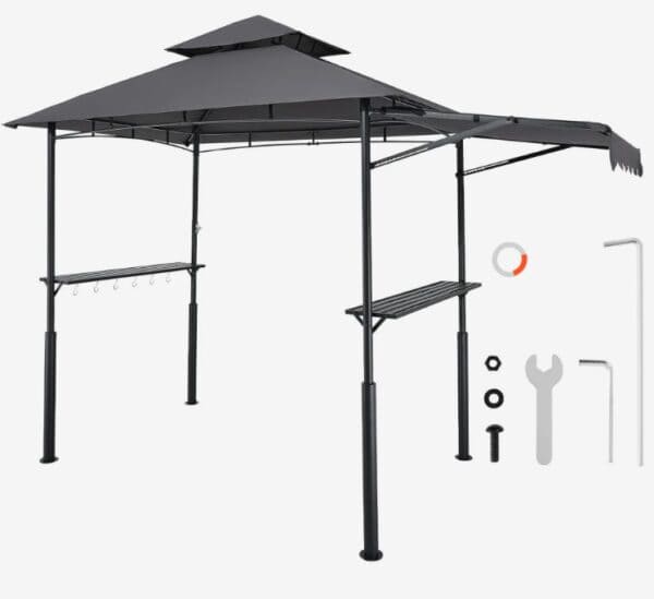 Altánok BBQ, 2430x1500x500 mm, grilovacia strieška na vonkajší gril, 2-úrovňová strieška na altánok BBQ, záhradný altánok s dvojitou strechou a prídavnou markízou, na terasu, dvor a záhradu