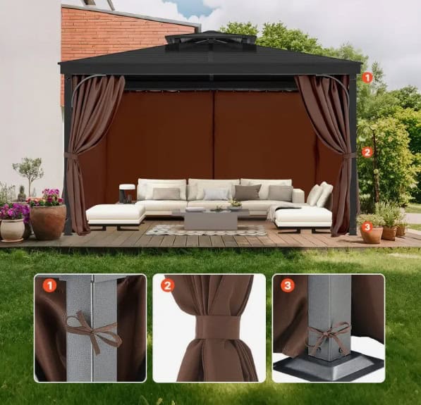 Záves na altánok 3440x3440x2130 mm, 4-panelové bočné závesy na zabezpečenie súkromia so zipsami, slnečné závesy ako náhrada za terasový prístrešok, IBA závesy, hnedý – Obrázok 2